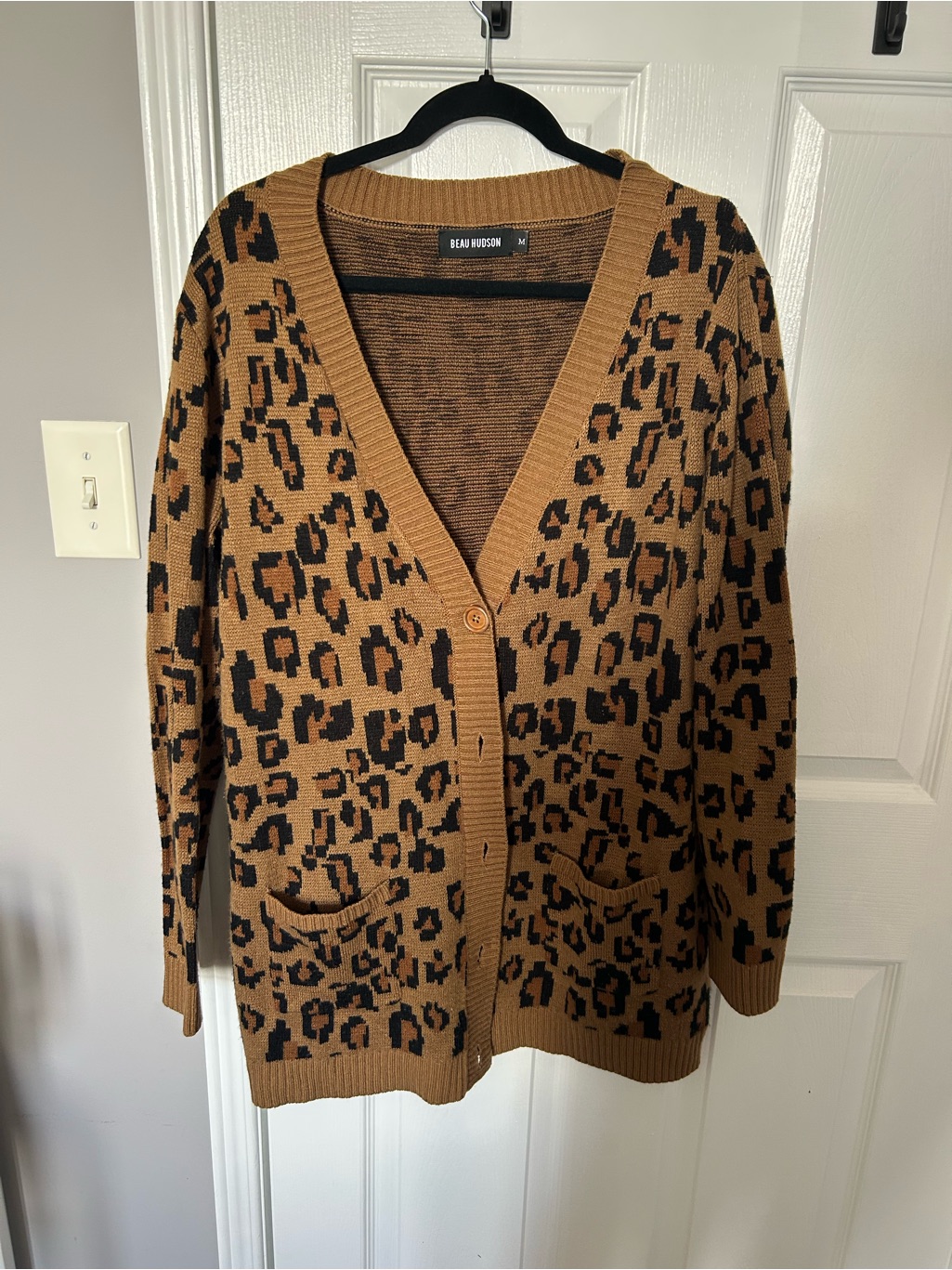 Beau Hudson Tan And Black Leopard Print Vneck Cardigan